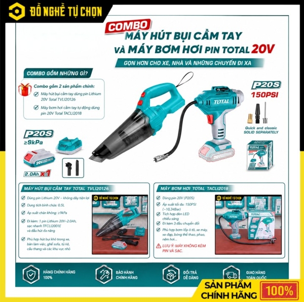 CB-TACLI2018-TVLI20126 Máy Hút Bụi Cầm Tay Dùng Pin 20V Total TVLI20126 Và Pin Lithium Total TACLI2018 Chính Hãng, Vệ Sinh Mọi Nơi Không Cần Dây Điện | Hàng Chính Hãng, Có VAT
