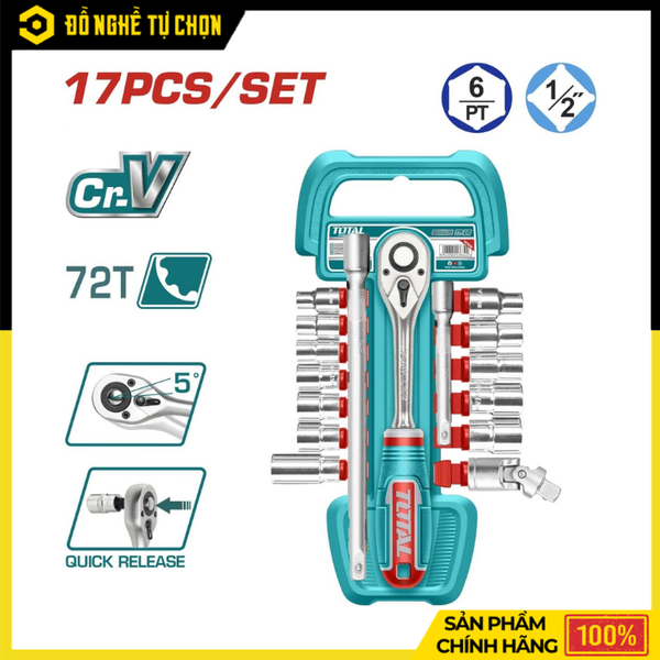 Bộ 17 Đầu Tuýp 1/2 Inch Total THT121171 Thép Cr-V Cao Cấp, Đủ Kích Cỡ Cho Sửa Chữa Chuyên Nghiệp | Hàng Chính Hãng, Có VAT