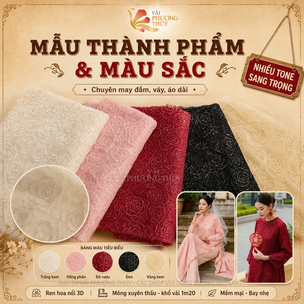 Vải thô ren thêu hoa hồng ánh kim Phượng Thúy khổ 1m20