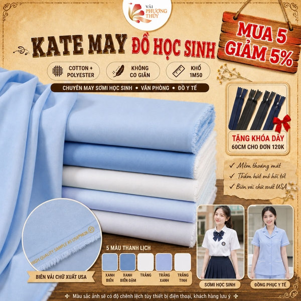 Vải kate Mỹ Phượng Thúy chuyên may sơmi khổ 1m50