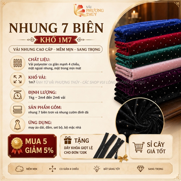 Vải Nhung 7 biên Phượng Thúy khổ 1m50