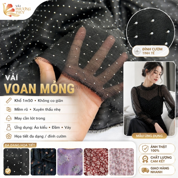 Vải Voan Hoa Nhí Phượng Thúy khổ 1m50 | Vải may áo kiểu, đầm váy