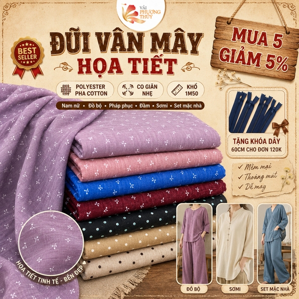 Đũi vân mây họa tiết Phượng Thúy khổ 1m50
