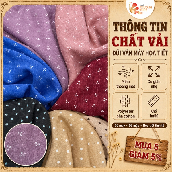 Đũi vân mây họa tiết Phượng Thúy khổ 1m50