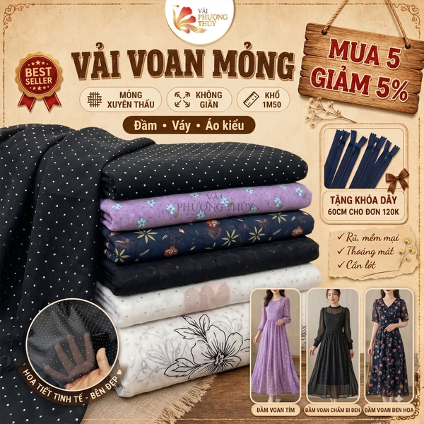 Vải Voan Hoa Nhí Phượng Thúy khổ 1m50 | Vải may áo kiểu, đầm váy