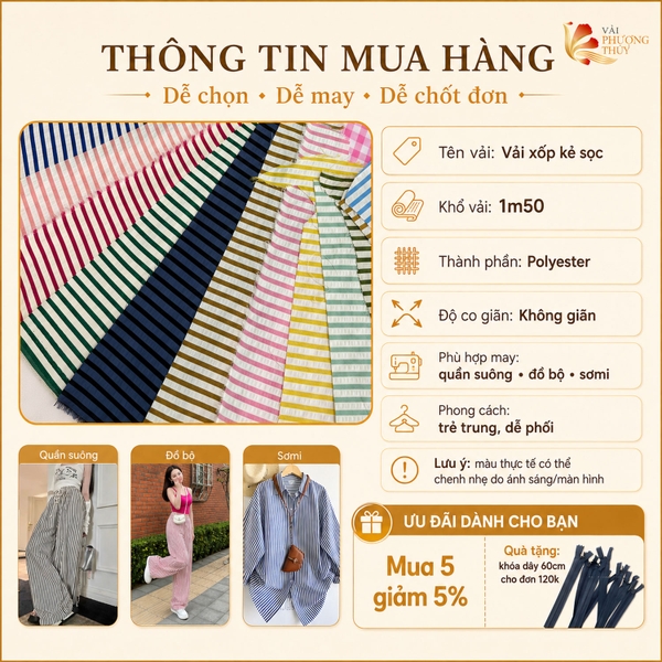 Vải xốp kẻ sọc Phượng Thúy khổ 1m50