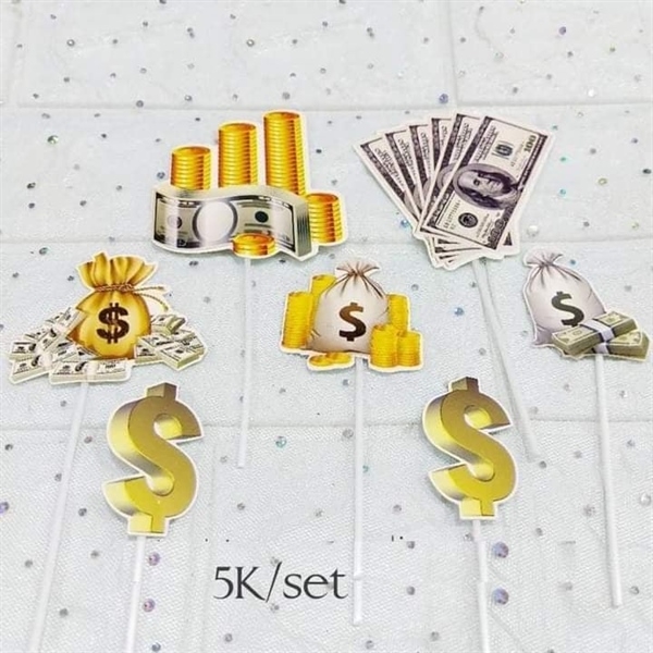 Set Cắm Giấy $ Vàng Túi Tiền Dola Phụ Kiện Trang Trí Bánh