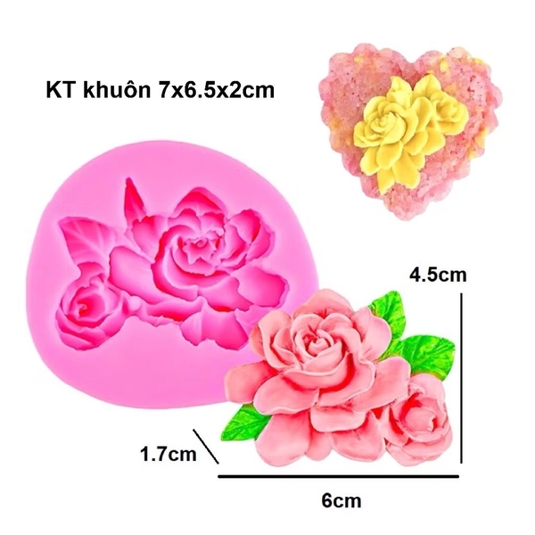 Khuôn Silicon - Hoa Hồng Nở - 6.3x4.8cm - Ép Hồng Kèm Lá