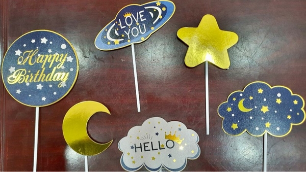 Set Cắm Happy Mây Trăng Xanh Phụ Kiện Trang Trí Bánh