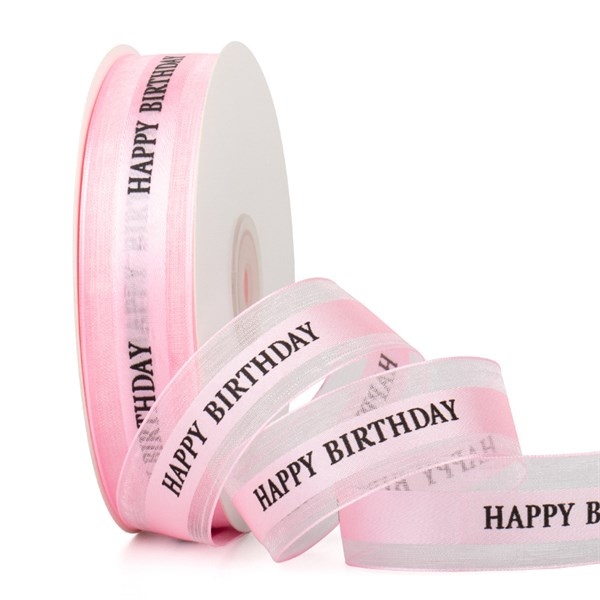 Ruy Băng Voan In Chữ Happy Birthday Phụ Kiện Trang Trí Bánh - màu hồng 7