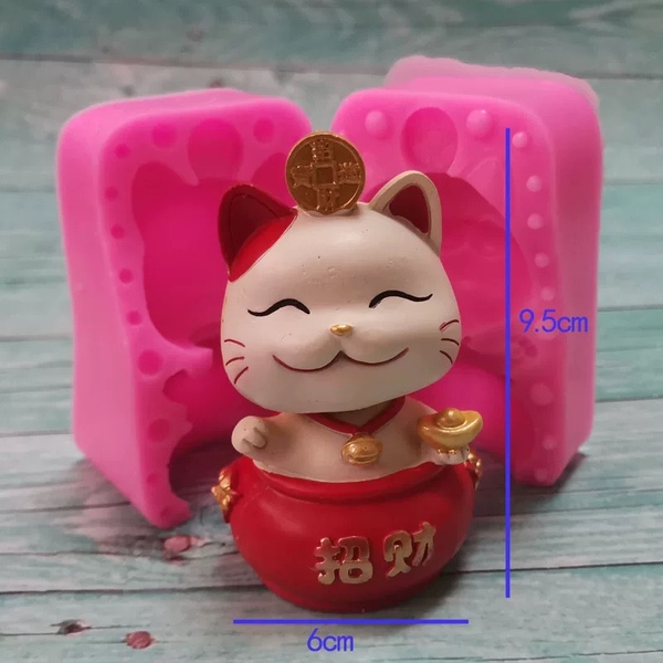 Khuôn Silicon - Động Vật - Mèo Thần Tài Thỏi Vàng 2 Mảnh 9.5cm
