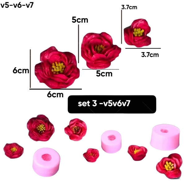 Khuôn Silicon - Hoa Hồng Hồng Trà Set 3 - V5 V6 V7