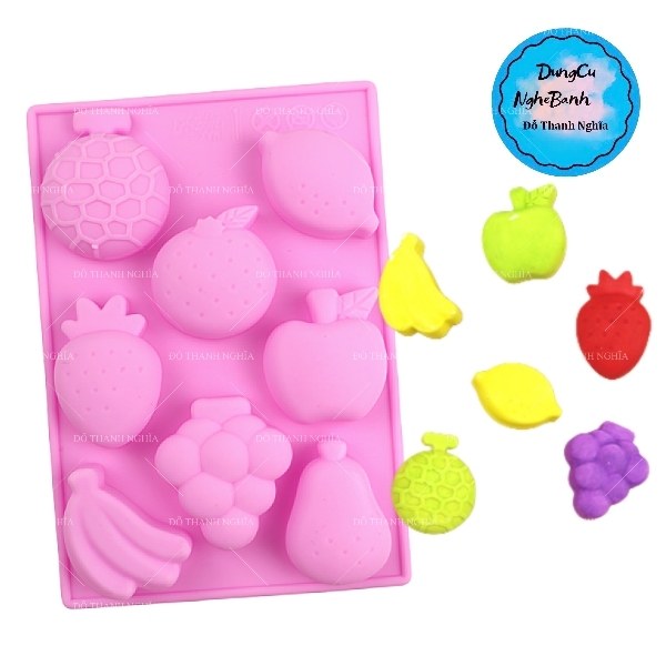 Khuôn Silicon - Trái Cây - Vĩ 8c - 4cm Chuối Nho Chanh Táo Lê