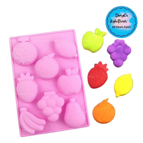 Khuôn Silicon - Trái Cây - Vĩ 8c - 4cm Chuối Nho Chanh Táo Lê