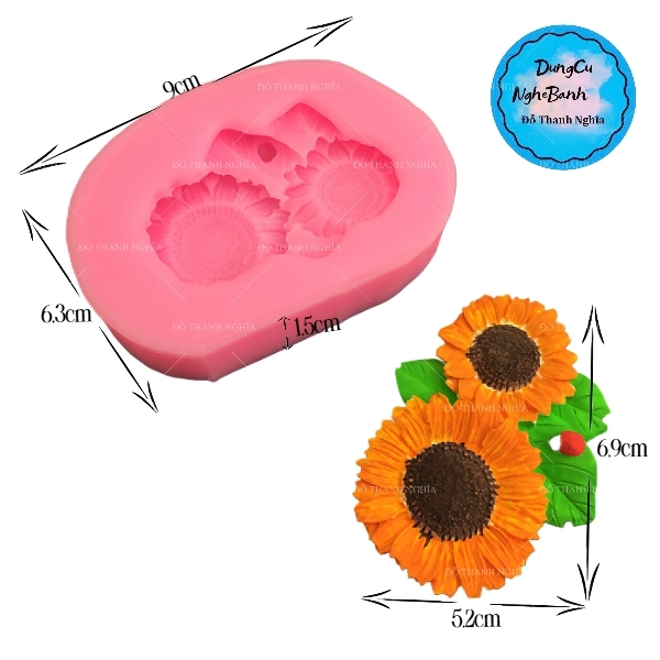 Khuôn Silicon - Hoa Hướng Dương - Mặt 2 Bông Kèm Lá 6.9cm