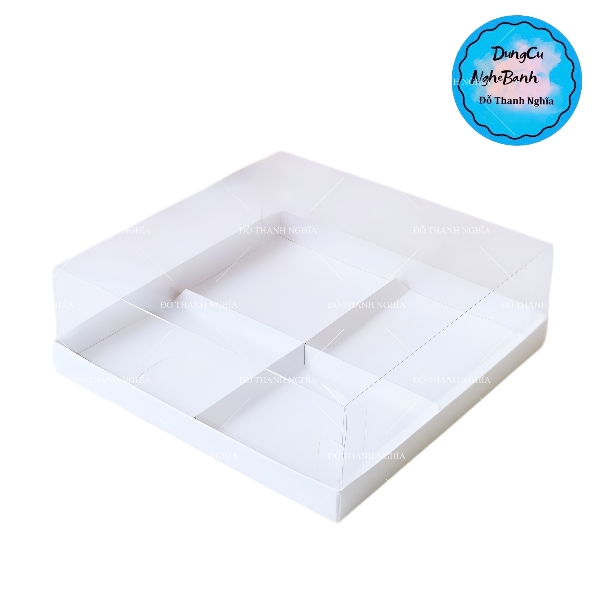 Hộp Nhựa - Vuông Đế Giấy - 4 Ngăn 9x9cm Cao 6.2cm