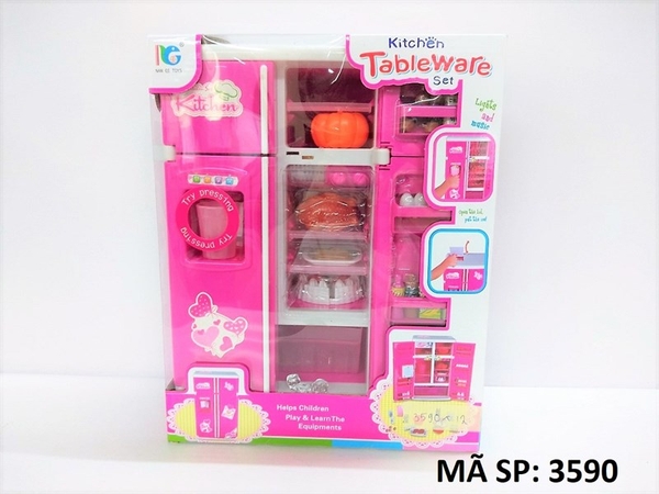 3590 HỘP BẾP TỦ LẠNH 2 CÁNH PIN NHẠC ĐÈN + GÀ, BÍ, BÁNH KEM, ĐÁ VIÊN Kitchen Tableware