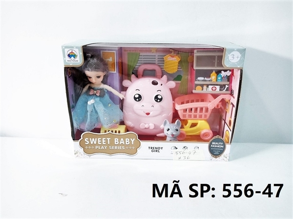 556-47 HỘP BABY 1C KHỚP CHIBI MẮT THỦY TINH + VALI KÉO BÒ + XE ĐẨY SIÊU THỊ + 1C MÈO + LỒNG Sweet Baby 556-46, 556-46A, 556-47A