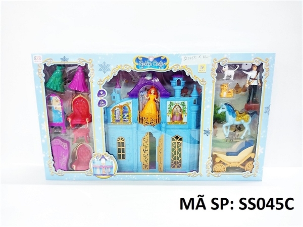 SS045C HỘP NỘI THẤT LÂU ĐÀI PIN NÚT NHẠC ĐÈN + XE NGỰA + GHẾ, GƯƠNG, TỦ + 2C BABY TRAI GÁI + MÈO, SÓC