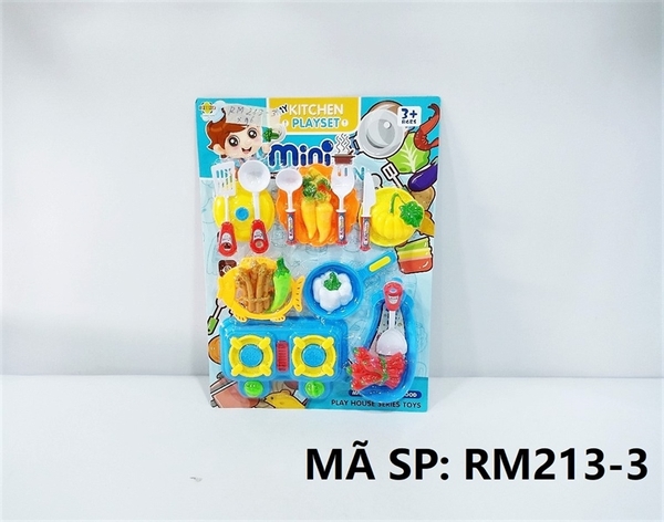 RM213-3 VỈ BẾP GAS ĐÔI, CHẢO, RỔ CÁ, DĨA, CÀ RỐT, BÍ ĐỎ, BẮP CẢI, ỚT, MUỖNG, NĨA RM213-
