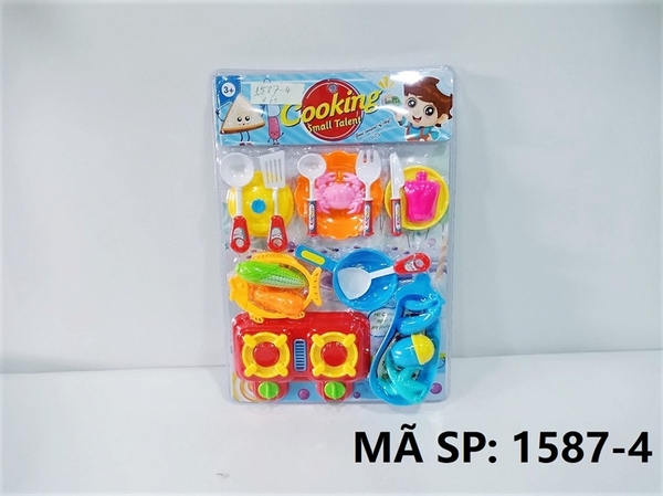 1587-4 VỈ ÉP BẾP GAS ĐÔI, THAU, RỔ CÁ, CHẢO, DĨA, BẮP, CÀ TÍM, CUA, DAO, MUỖNG, NĨA