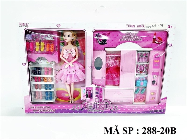 288-20B HỘP BABY 1C KHỚP, MẮT THỦY TINH + TỦ ĐỒ, 1 ÁO, VƯƠNG MIỆN, TÚI XÁCH + KỆ GIÀY, 13 ĐÔI GIÀY