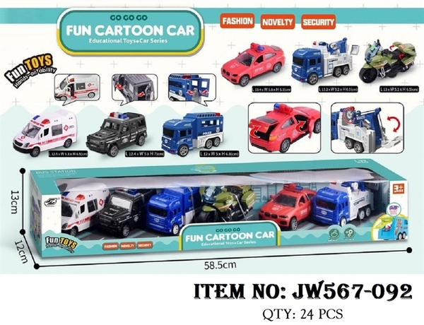 JW567-092 HỘP XE CÔNG TRÌNH TRỚN 6C ĐỦ MẪU (CỨU THƯƠNG, CỨU HỎA, MOTO, CẢNH SÁT)