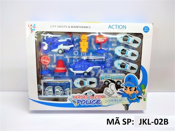 JKL-02B HỘP MÔ HÌNH XE CS TRỚN 7C (MOTO, TRỰC THĂNG, 4C HƠI, BUS) + TRẠM XĂNG, BIỂN BÁO, 1 NGƯỜI POLICE