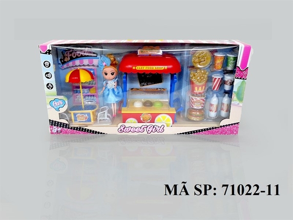 71022-11 HỘP BẾP XE ĐẨY BÁNH MÌ HAMBURGER PIN + BÀN+ 2 GHẾ+ DÙ+ 1C BABY NƠ (BÉ)