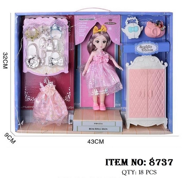 8737 HỘP BABY 1C KHỚP, MẮT THỦY TINH + 1 ÁO + TỦ QUẦN ÁO + VƯƠNG MIỆN + TÚI XÁCH + DÂY ĐÈN LED