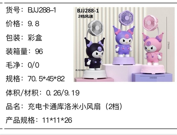 BJJ288-1 HỘP QUẠT PIN SANRIO + SẠC USB ĐỦ MẪU