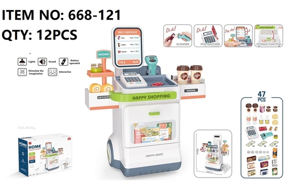 668-121  HỘP KỆ XE ĐẨY QUẦY TÍNH TIỀN SIÊU THỊ MÁY QUÉT MÃ PIN 47 MIẾNG