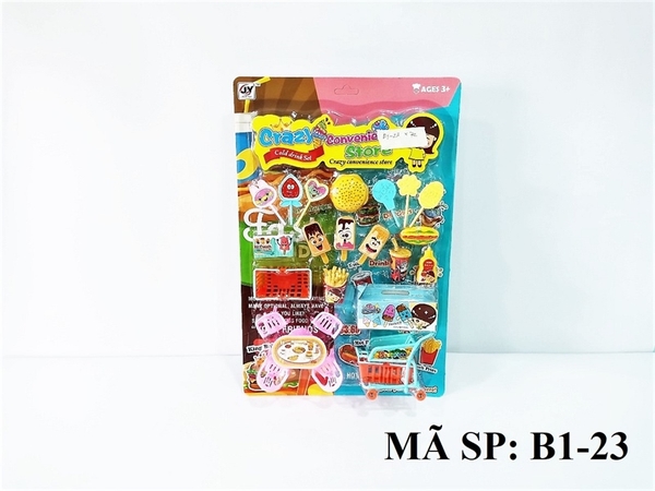 B1-23 VĨ BẾP XE ĐẨY SIÊU THỊ, GIỎ, BÀN, 4 GHẾ, KEM, KẸO, BÁNH MÌ HAMBURGER Crazy Convenience Store