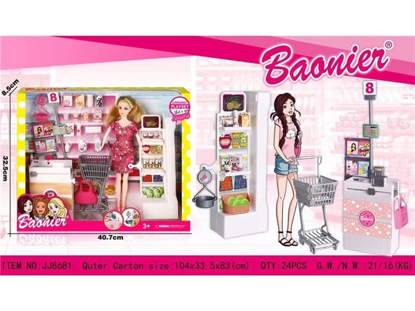 JJ8681 HỘP BẾP SIÊU THỊ + 1C BABY + XE ĐẨY, QUẦY TÍNH TIỀN, XÀ PHỒNG, NƯỚC ÉP, SỮA Baonier