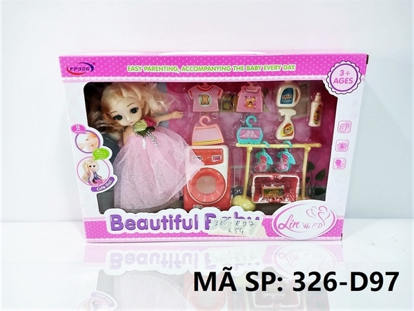 326-D97 HỘP BABY 1C KHỚP MẮT THỦY TINH + MÁY GIẶT, QUẦN ÁO NHỰA, XÀ BÔNG, GIÁ TREO ĐỒ Beautiful Baby 326-D9