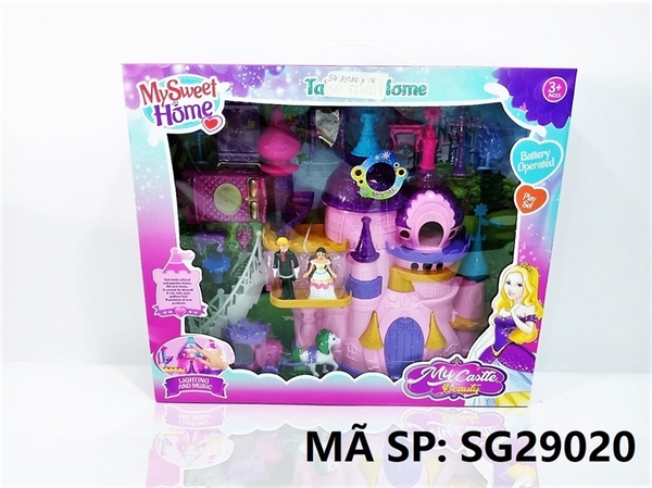 SG29020 HỘP NỘI THẤT NHÀ LÂU ĐÀI PIN+ XE NGỰA, GIƯỜNG, TỦ, GƯƠNG, GHẾ + 2C BÉ