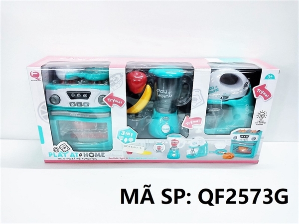 QF2573G HỘP BẾP PIN 3 MÓN (MÁY TRỘN, MÁY XAY SINH TỐ, BẾP GAS ĐÔI) Play At Home (XANH)