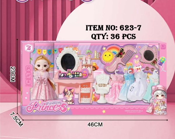 623-7  HỘP BABY 1C KHỚP, MẮT THỦY TINH + 4 ÁO + LƯỢC + GƯƠNG + BÀN TRANG ĐIỂM