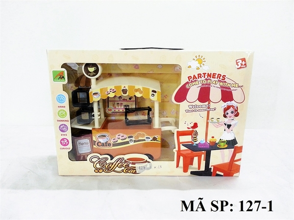 127-1 HỘP KỆ BẾP XE ĐẨY CÀ PHÊ , BÁNH KEM + BÀN + 2 GHẾ (NÂU)