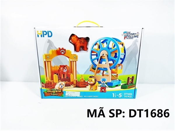 DT1686 HỘP LOGO RÁP ĐU QUAY CÔNG VIÊN + THÚ (CỌP, SƯ TỬ, CHÓ) + 1 NGƯỜI 74 MIẾNG The Puzzle Of Tony
