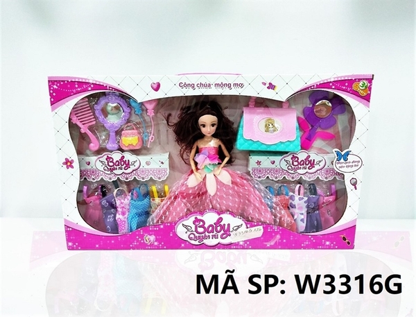 W3316G HỘP BABY 1C KHỚP, MẮT THỦY TINH, 10 ÁO, 2C GƯƠNG, 2C TÚI XÁCH, BONG BÓNG