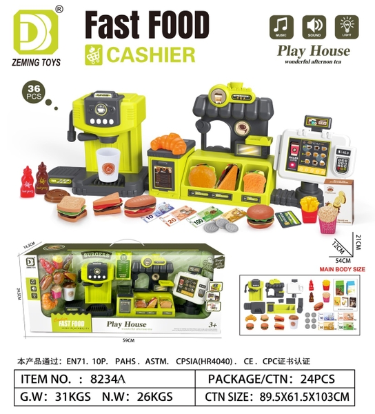 8234A  HỘP BẾP PIN LÒ NƯỚNG, QUẦY BÁN BÁNH, MÁY PHA CÀ PHÊ, MÁY TÍNH TIỀN, HAMBUGER, KHOAI TÂY