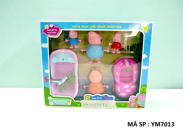 YM7013 HỘP GIA ĐÌNH HEO HỒNG 4C + BỒN TẮM + XE HƠI + CÂY ( PEPPA PIG)