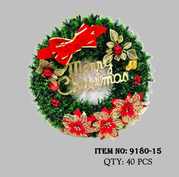 9180-15  VÒNG LÁ TRANG TRÍ NOEL CHỮ MERRY CHRISTMAS + NƠ