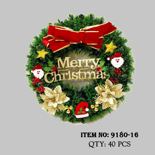 9180-16  VÒNG LÁ TRANG TRÍ NOEL CHỮ MERRY CHRISTMAS + NƠ