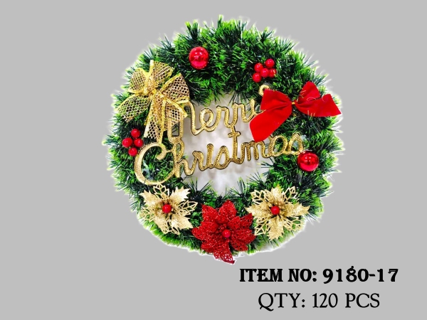 9180-17  VÒNG LÁ TRANG TRÍ NOEL CHỮ MERRY CHRISTMAS + NƠ