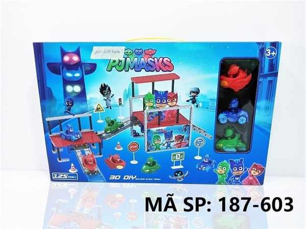 187-603 HỘP RÁP MÔ HÌNH CẦU TUỘT SN PJMASKS + 3C XE + BIỂN BÁO 125 MIẾNG