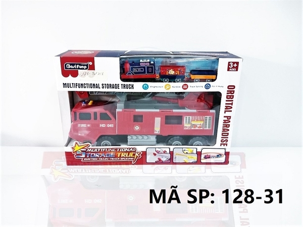 128-31 HỘP XE CÔNG TRÌNH CỨU HỎA THANG PIN PHUN NƯỚC + ĐƯỜNG RAY XE LỬA PIN 128-32