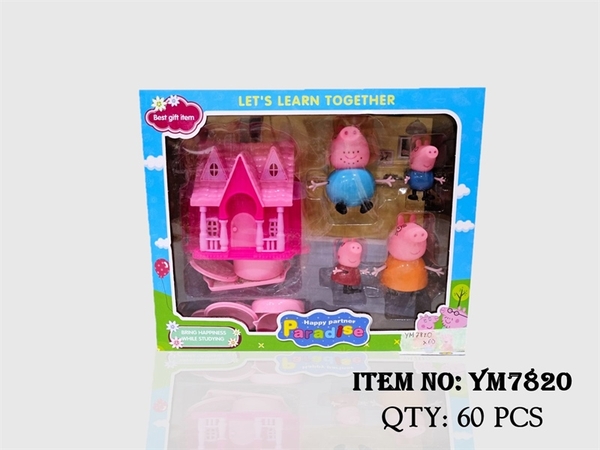 YM7820 HỘP NHÀ HEO HỒNG 4C + BÀN GHẾ + LÂU ĐÀI