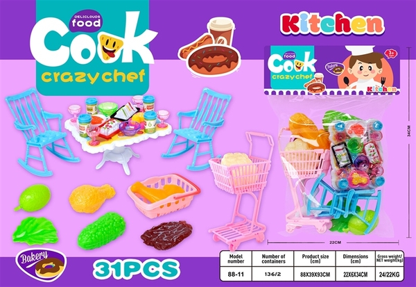 88-11 TÚI BẾP XE ĐẨY SIÊU THỊ, BÀN THỨC ĂN, 2 GHẾ